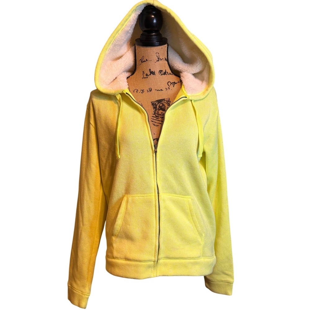 City Streets Womens Sherpa Lined Full Zip Warm Cozy Hoodie Jacket Neon Yellow XL